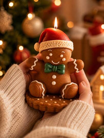 Molde de silicona 3D para vela de hombre de jengibre navideño, hombre de jengibre con gorro navideño, lazo verde y base de galleta, molde DIY para vela de aromaterapia, yeso, resina, decoración navideña de mesa y manualidades