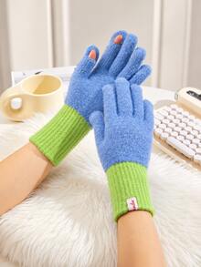 Cozy Colorblock Full-Finger Fuzzy Knit Gloves, Contrast Ribbed Cuffs, Finger Opening Touchscreen Design, Warm Winter Hand Gloves For Women, Daily Commute, Outdoor Walking, Travel, Christmas Parties, Holiday Gifts, Cold Weather Styling Looks - Multicolor - View 6