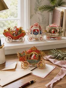 1pc 3D Christmas Pop-Up Greeting Card, Creative Holiday Paper Card, Elegant Carriage Design, Christmas Celebration Festival Decoration Card, Surprise Message Card - 3D - View 10