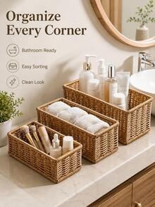 1pc Faux Wicker Storage Basket, Rectangular Desktop Organizer, Essential Home Storage Box For Remote Control, Seasoning Bottles, Bathroom And Kitchen Sundries - Multicolor - View 5