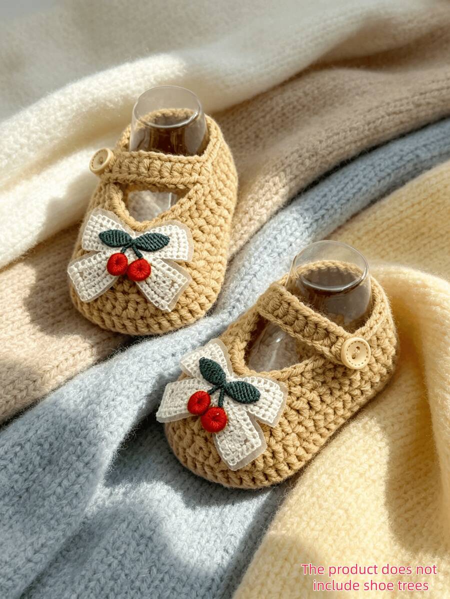 1 Pair Infant Girl Cherry Mary Jane Boots, White Knit With Button Lace-Up - Khaki - View 1