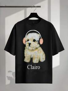 Damen Retro Clairo Grafik T-Shirt, Oversized Kurzarm Baumwoll Top, süßer Welpe mit Kopfhörern Pop Musik Fan Casual T-Shirt - Schwarz - Übersicht 2