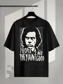 Damen Grunge Retro People They Ain't No Good Grafik T-Shirt,Oversized Kurzarm Baumwoll Top,Linolschnitt Porträt Vintage Blues Rock Lässig Statement Top - Schwarz - Übersicht 2