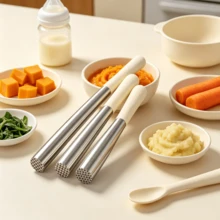 Baby Food Masher Stainless Steel Manual Grinding Stick Infant Fruit Vegetable Apple Puree Potato Puree Masher Home Use - Silver - View 1