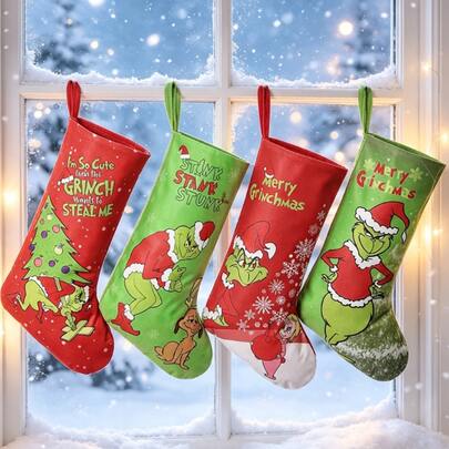 Panini Cartoon Grinch‑Themed Xmas Stocking, Holiday Hanging Ornament Gift Bag