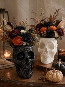 1pc Decorative Floral Skull Vase, Gothic Style Black & White Skull Planter, Embossed Sugar Skull Tabletop Centerpiece, Halloween Home Decor, Suitable For Dried Flowers And Fresh Flowers, Living Room Bookshelf Party Decoration - Gothic Skull Vase - View 1