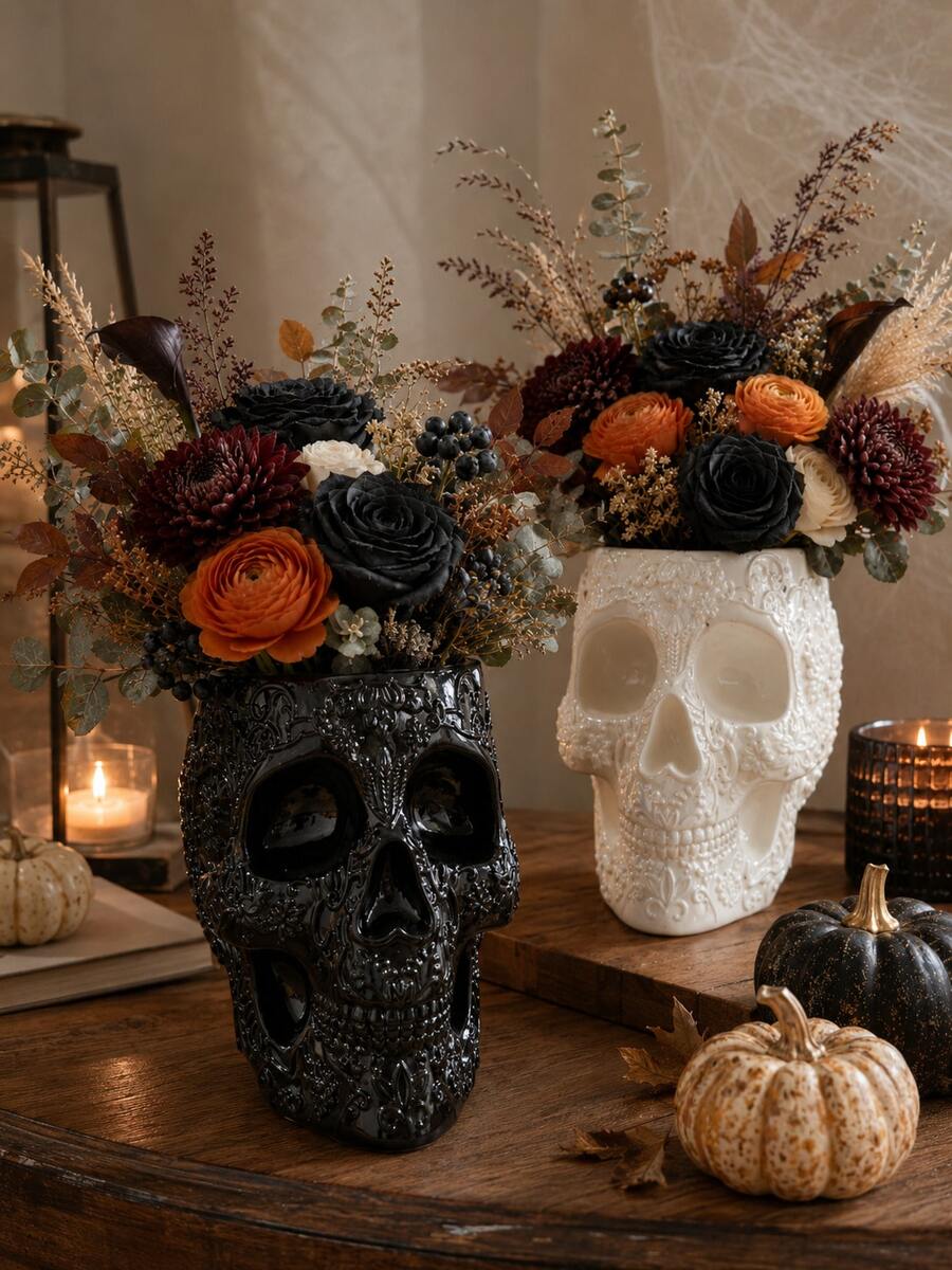 1pc Decorative Floral Skull Vase, Gothic Style Black & White Skull Planter, Embossed Sugar Skull Tabletop Centerpiece, Halloween Home Decor, Suitable For Dried Flowers And Fresh Flowers, Living Room Bookshelf Party Decoration - Gothic Skull Vase - View 1