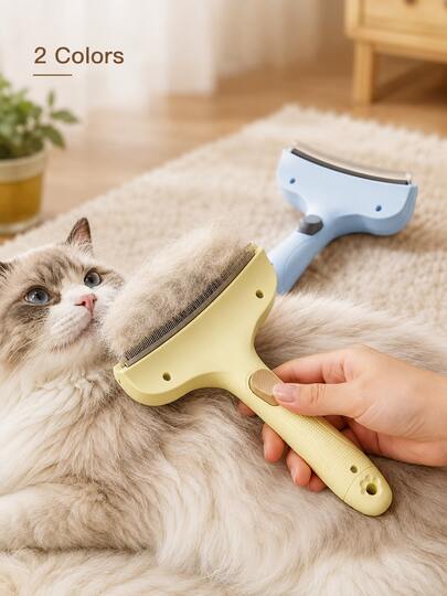 1 pieza Peine de aseo para mascotas, herramienta de deslanado, rastrillo para el pelaje interior, cepillo desenredante para gatos y perros, peine con hoja curva para eliminar el pelo suelto, el pelo enredado y el pelaje interior, cepillo para perros, cepillo para gatos, herramienta de aseo para mascotas de pelo largo y corto, suministros de cuidado en el hogar