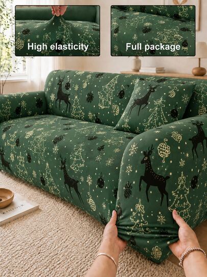 1pc Printed Classic Christmas Green Full Sofa Cover + 1pc Matching Pillowcase, Holiday Home Decor, Multiple Sizes Available, Modern Minimalist Elastic Breathable Polyester Full Sofa Cover, All-Season Use For Living Room Home