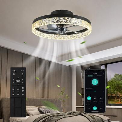 Ceiling Fan With Light, 19.7" Low Profile Flush Mount Ceiling Fans, 3 Color Dimmable LED, 6 Wind Speeds Timing, Remote Control, Reversible Motor For Living Room, Bedroom