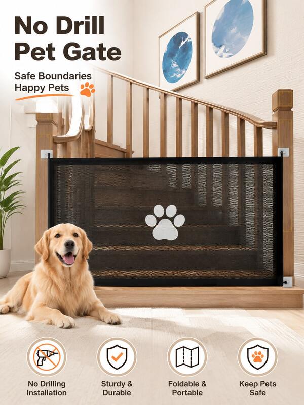 Puerta de red de aislamiento para mascotas sin agujeros; valla de protección plegable y portátil para perros; barrera de para escaleras del hogar para prevenir mascotas