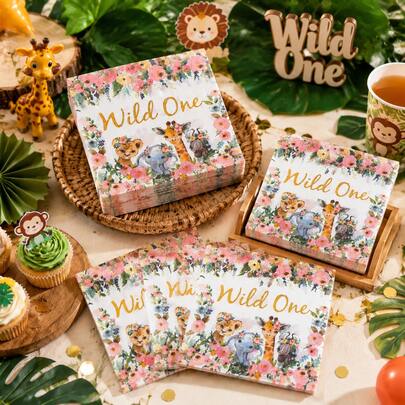 25/50/100pcs Floral & Animal Party 1st Birthday Disposable Paper Napkins, Birthday Theme Party Napkins, Suitable For 1st Birthday Party, Birthday Party, Animal Party, Jungle Party, Celebration Theme Party, 1st Birthday, Baby Shower, Bridal Shower, Wedding And Afternoon Tea Table Decoration