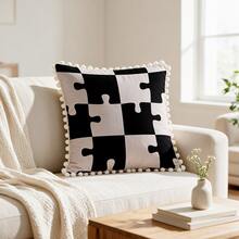 1PC Black White Puzzle Print Pillow Cover Pom Pom Tassel Edge Geometric Decorative Throw Pillow Sofa Couch Bedroom Home Decor - Multicolor - View 10