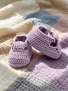 1 Pair Handmade Crochet Infant Boots, Red With Button Closure, Infant Shoes - Mauve Purple - View 5