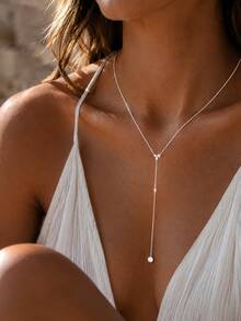1pc 925 Sterling Silver Lasso Necklace With 2 Cubic Zirconia Exquisite Teardrop Pendants, Women's Long Necklace - Necklace - View 7