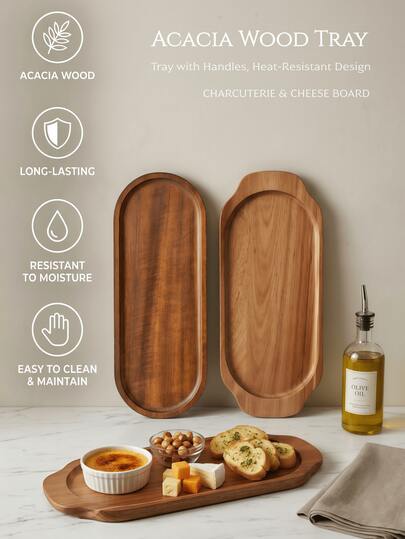 1pc Solid Wood Tray, Made Of Acacia Wood, Kitchen Dining Table Decorative Tray, Heat-Resistant Handles, Easy To Carry, Serving Tray, Kitchen Utensils, Wooden Tray, Tray, Can Be Used As Dessert Plate, Bread Plate, Cheese Plate, Fruit Plate, Snack Plate, Also Can Be Used As Restaurant Tray, Suitable For Home Decor, Baking, Birthday Wedding Party Decoration Supplies, Coffee Table And Home Decor, Perfect For Holding Baking Supplies, Home Kitchen Baking Supplies, Suitable For Kitchen, Restaurant, Holiday Decoration Gifts
