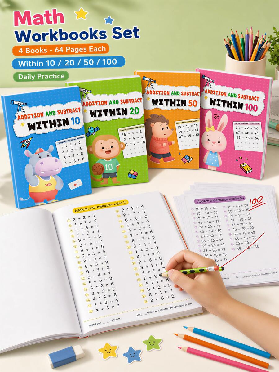 Children's Math Practice Workbook, 64 Pages (Addition And Subtraction Within 10/20/50/100), Suitable For Home Education And Kindergarten Activities, Includes Reading And Math Exercises, Home Learning Resource, Suitable For Classroom Learning, Back To School/School Season/Christmas/Halloween Gifts, Office Essential Practice Workbook, Children's Number Cognition Education Book, Children's Fun Educational Stationery, Children's Educational Stationery, Learning Supplies For Boys And Girls.