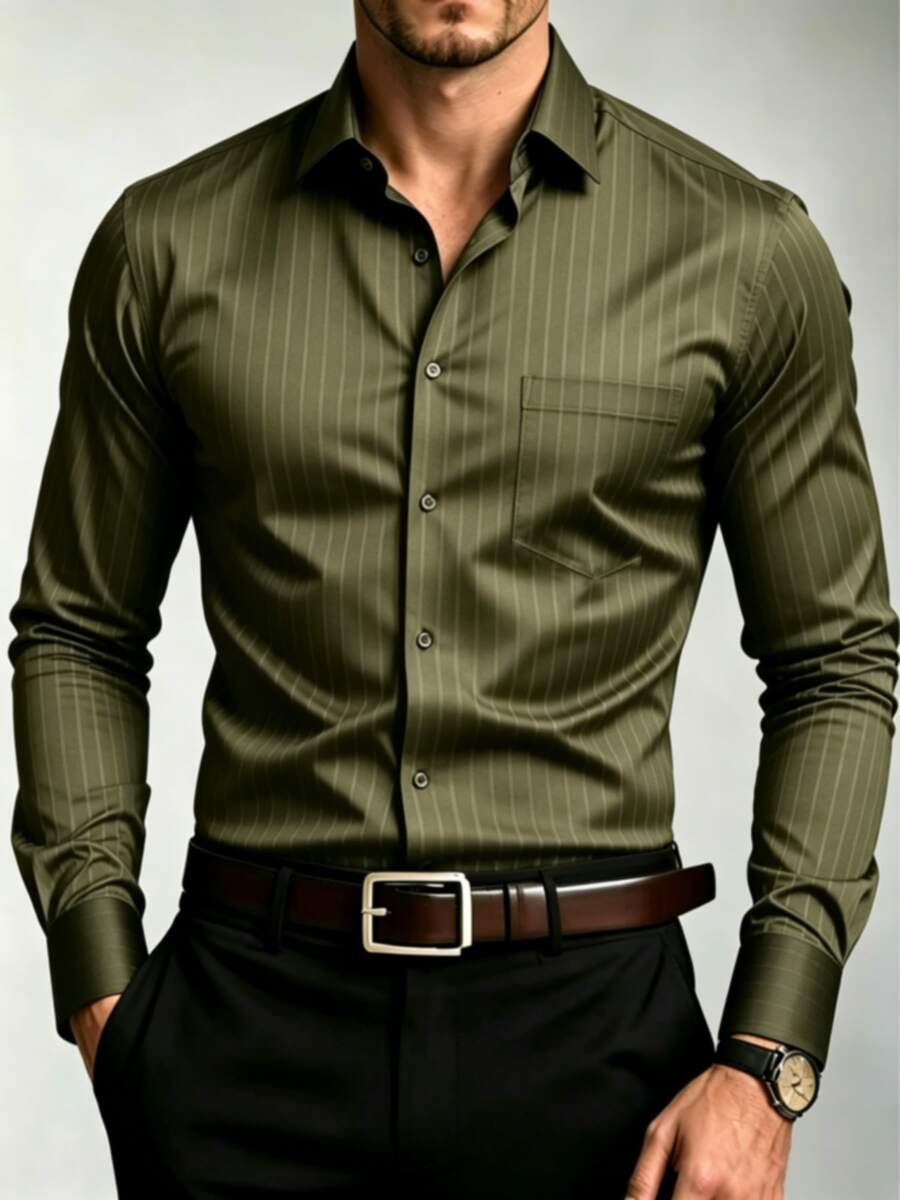 Men's Embossed Vertical Striped Commuter Shirt - Olive Green - View 1