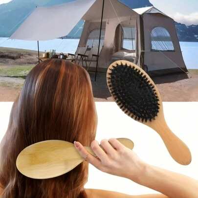 1pc Natural Bristle Hair Brush, Anti-Static Scalp Massage Comb With Bamboo Handle, Hair Styling Tool