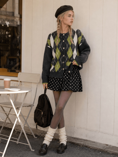 Cárdigan de punto con patrón de diamantes retro casual para mujer, otoño/invierno