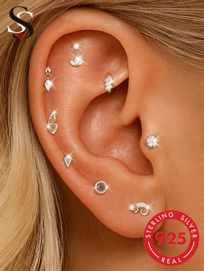 SereneSpark 1pc 925 Sterling Silver Zirconia Evil Eye Butterfly Chameleon Design Flat Back Internal Thread Stud Earring Piercings Ear Accessory For Women