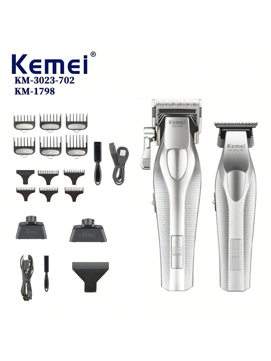 Kemei 2合1理髮器套組 KM-3023-702 + KM-1798 專業理髮剪,含11個限位梳、清潔刷、充電線,適用於男士、女士、兒童,居家與沙龍使用 - KM-3023-702/KM-1798 - 查看 1