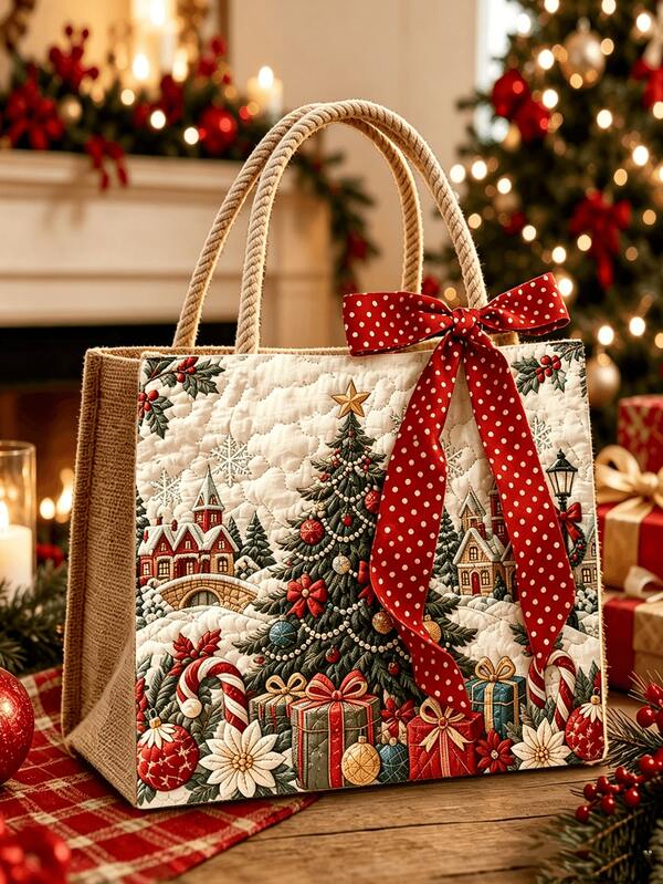 New Christmas Theme Christmas Tree And Gift Pattern Lunch Bag, Women's Storage Bag | Makeup Bag | Reusable Handle Storage Bag | Luggage Organizer | Women's Handbag | Outdoor Leisure Storage Bag | Durable Zipper Design | Suitable For Storing Travel Supplies, Dirty Clothes And Yoga Sports Clothes | Dorm And College Student Essential | Home Life Essential | Perfect Gift For Friends, Family And Loved Ones, Christmas Gift, Halloween Gift