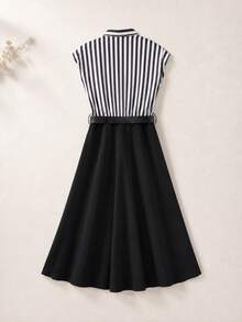 Summer Striped Pleated Patchwork Waist Belt Dress Elegant - Black and White - View 3