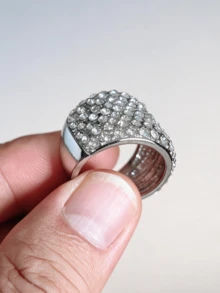 1pc Shiny Rhinestone Inlaid Geometric Thick Ring, Vintage Silver Dome Chunky Statement Ring, Modern Aesthetic High Gloss Wedding Jewelry Accessory - Silver 2 - View 3