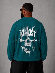 男士大尺碼深綠色底 GHOST 潑墨骷髏印花休閒百搭日常穿著長袖T恤 - 彩色 - 查看 1