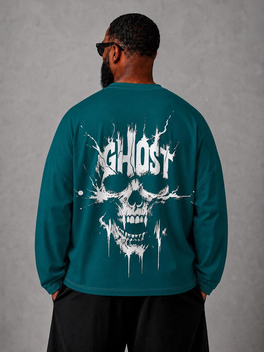 男士大尺碼深綠色底 GHOST 潑墨骷髏印花休閒百搭日常穿著長袖T恤 - 彩色 - 查看 1
