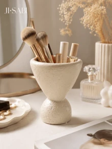 1pc Textured Cream Makeup Brush Holder, Abstract High-Footed Goblet Shaped Vanity Storage Box, 2-In-1 Cosmetic Organizer & Dried Flower Vase, Minimalist Wabi-Sabi Style Bathroom Vanity Home Decor - Stone Cave Storage - View 7