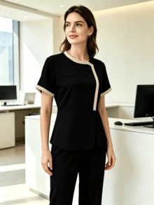 Piped Solid Color Small Round Neck Short Sleeve Multi-Pocket Set, Women's Slim Fit Professional Fashion Commute Workwear, Beauty Salon Maternity Center Business Suit - Black - View 4