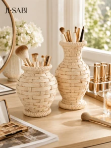 1pc Rattan‑Woven Style Vase Makeup Brush Holder, Boho Imitation Wicker Desk Organizer, Dual‑Purpose Decor Vase For Cosmetic Brushes, Pens, Dried Flowers, Vanity Table Home Desktop Decor,Makeup Organizer,Room Decor - Rattan Makeup Organizer - View 8