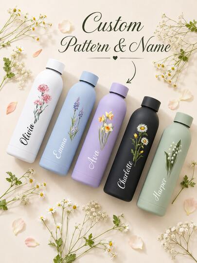 Personalized Birth Flower Name Water Bottle, Gift For Her, Bridesmaid Floral Insulated Tumbler, Mother's Day Gift, Birthday Gift, Water Bottle