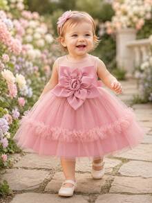 New 3D Applique Sleeveless Satin & Tulle Model Runway Girls' Puffy Birthday Princess Dress - Pink - View 1