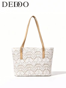 Dedoo Bowknot Design Lace Tote Bag, Fashionable Minimalist Casual Handbag With Large Capacity, Elegant Ladies' Shoulder Bag Suitable For Vacation, Beach, Commute, Daily Outfit, Photography, Gift - White - View 2