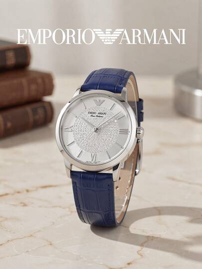Armani Classic Male Wrist Watch AR11344, Silver Round Case Roman Numeral Markers Deep Blue Strap, Glam Quartz Watch For Office & Formal Outfits