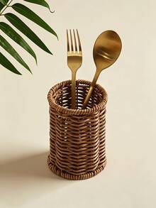 Cylindrical Hollow Woven Rattan Tableware Storage Basket, Decorative Desktop Organizer Box, Suitable For Kitchen, Dining Room, Home, Party Daily Table Decoration - Multicolor - View 5