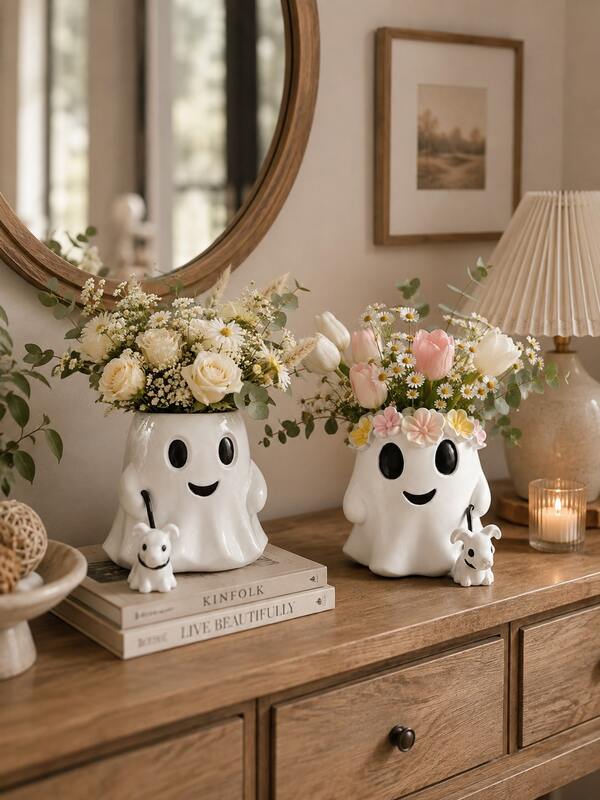 1pc Cute Ghost Dog-Leading Flower Pot - Made Of Resin, A Creative Halloween Desk Decoration Suitable For Bedrooms, Offices, And Studies. It's Also The Perfect Gift For Ghost And Dog Lovers.