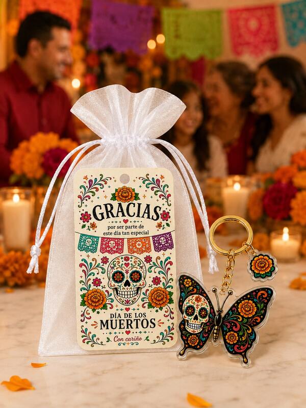 Mexican Guest Favor Set, Painted Skull & Butterfly Keychain With Marigold Pendant, GRACIAS Thank You Card, White Transparent Gauze Gift Bag, Latin American Style Baby Shower Decor, Family Gathering Party Favors, Celebration Tabletop Decor, Guest Keepsake Gifts, Mexican Theme Party Supplies, Holiday Thank You Gifts, Sugar Skull Decor, Marigold Elements, Colorful Paper Cut Style Decor, Party Favor Small Gifts, Party Table Decor