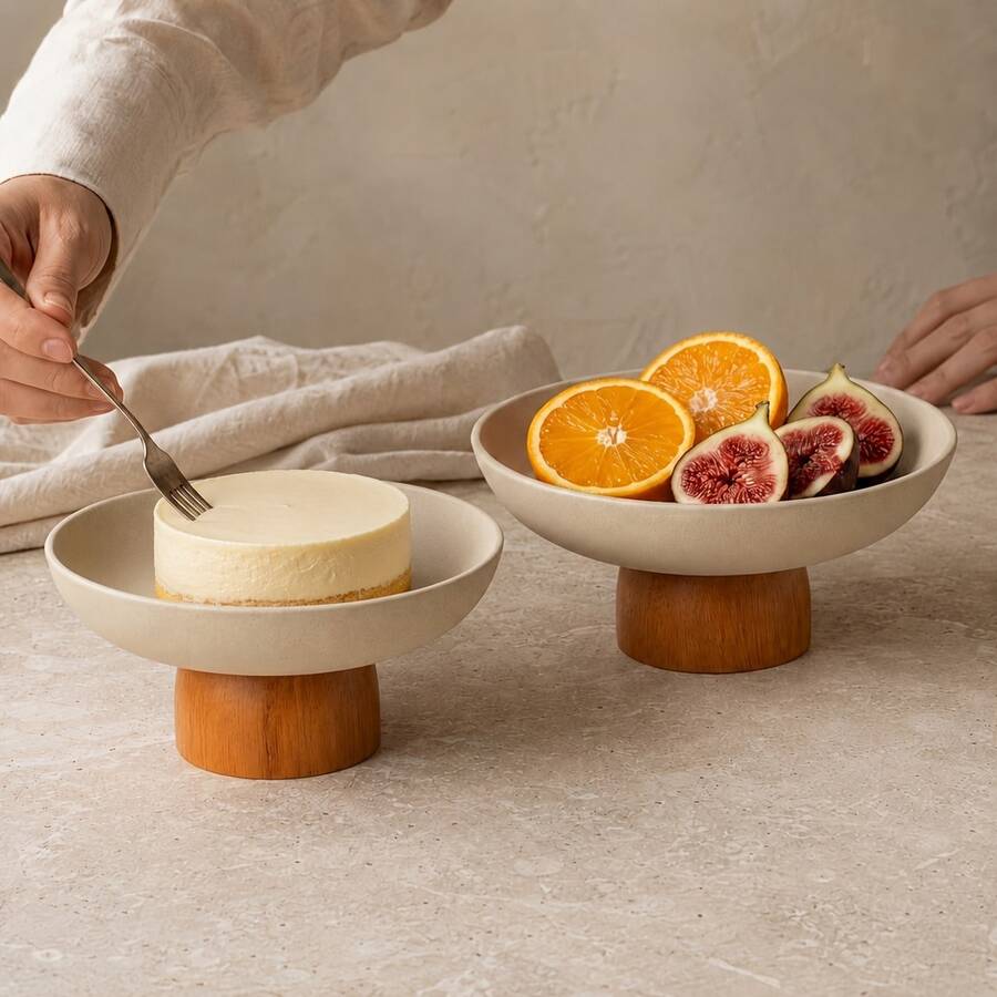 1pc 7.87/9.06inch Thick Ceramic Round Fruit Plate With Solid Wood Feet, Exquisite Dried Fruit Plate Dessert Plate, Creative Cake Plate Front Desk Candy Fruit Plate, Desktop Storage High Foot Plate - Stoneware+Brown - View 1
