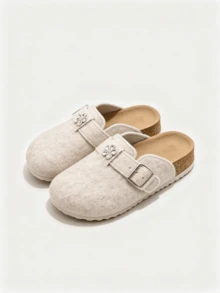 1 Pair Beige Kids Felt Clog Shoes, Rhinestone Flower Buckle Strap Backless Slip-On Mule Slippers, Cork Footbed Indoor House Shoes, Unisex Daily Style - Beige - View 2
