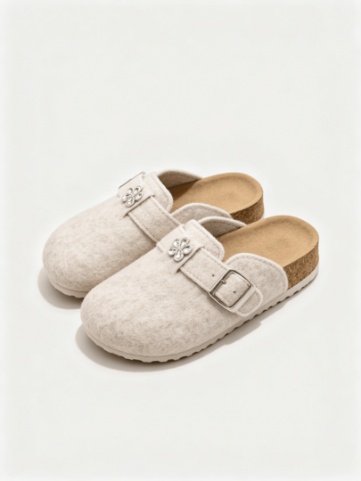 1 Pair Beige Kids Felt Clog Shoes, Rhinestone Flower Buckle Strap Backless Slip-On Mule Slippers, Cork Footbed Indoor House Shoes, Unisex Daily Style