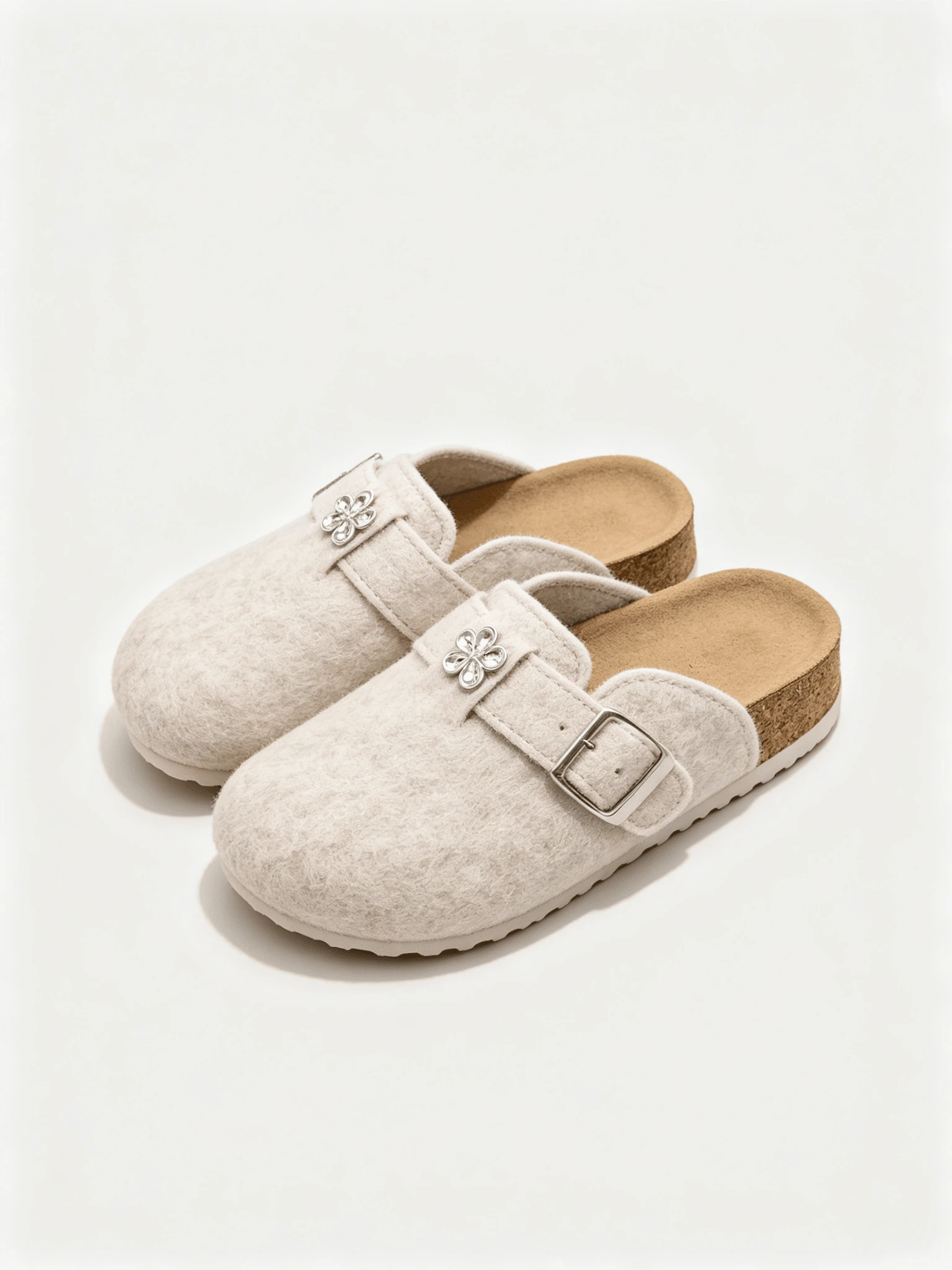 1 Pair Beige Kids Felt Clog Shoes, Rhinestone Flower Buckle Strap Backless Slip-On Mule Slippers, Cork Footbed Indoor House Shoes, Unisex Daily Style