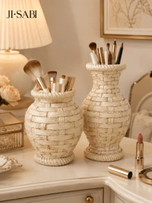 1pc Rattan‑Woven Style Vase Makeup Brush Holder, Boho Imitation Wicker Desk Organizer, Dual‑Purpose Decor Vase For Cosmetic Brushes, Pens, Dried Flowers, Vanity Table Home Desktop Decor,Makeup Organizer,Room Decor - Rattan Makeup Organizer - View 2