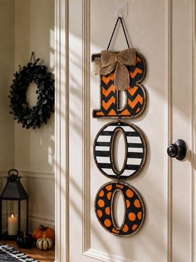 1pc Halloween BOO Letter Door Hanging, Black Orange White Striped Polka Dot Decorative Sign, Burlap Bow Hanging Ornament, Spooky Cute Style Door Decor, Halloween Front Door Entryway Decoration, Haunted House Party Atmosphere Prop, Door Panel Wall Fireplace Mantel Hanging, Living Room Bedroom Hallway Entrance Arrangement, Pumpkin Crow Candle Scene Matching, Autumn Festival Photo Background Accessory, Black Orange Theme Home Decor