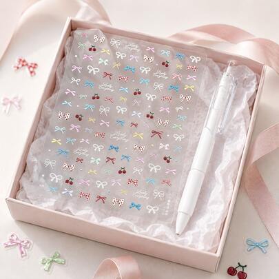 White Ballpoint Pen + Bowknot DIY Sticker 2 Pieces Set, Suitable For Students, Writers, Perfect Gift For Back To School