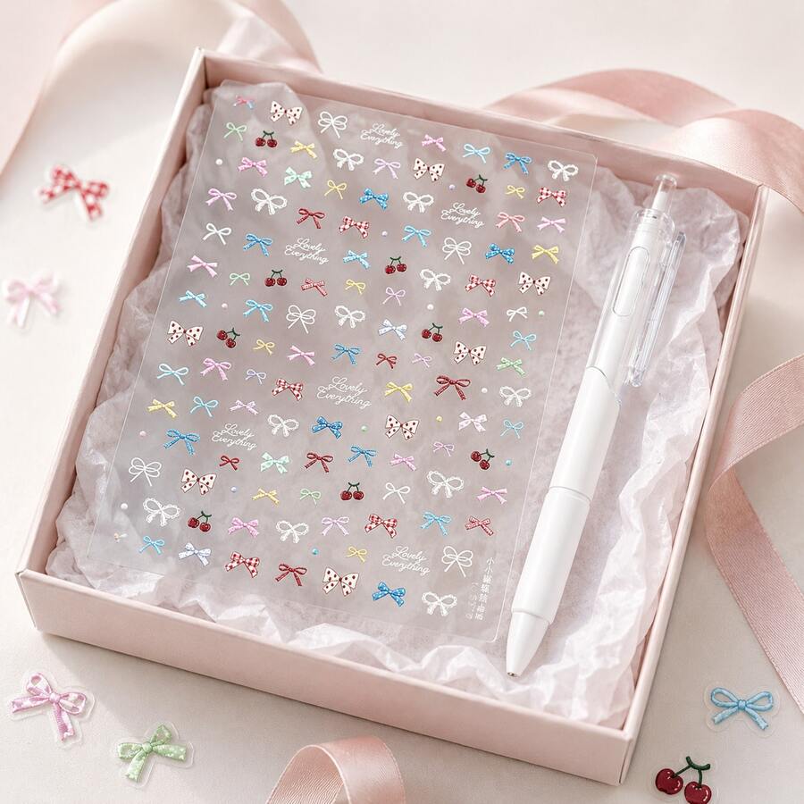 White Ballpoint Pen + Bowknot DIY Sticker 2 Pieces Set, Suitable For Students, Writers, Perfect Gift For Back To School - Pen + Stickers - View 1