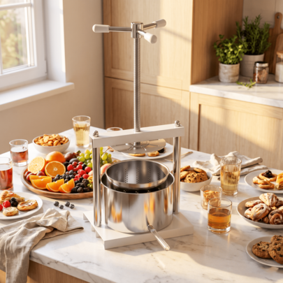 Manuelle Obst‑Weinpresse aus Edelstahl, ergonomischer T‑Griff, multifunktional für Trauben, Obst, Gemüse, inkl. Auffangtopf & Auslaufrohr,5L//12L,Weiß